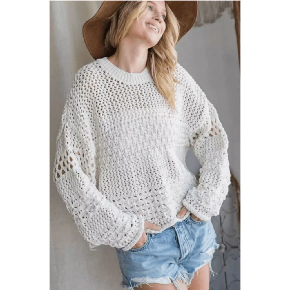 Bucket List Open Knit Crochet Sweater Women Medium Stretchy Oversized Beach Boho